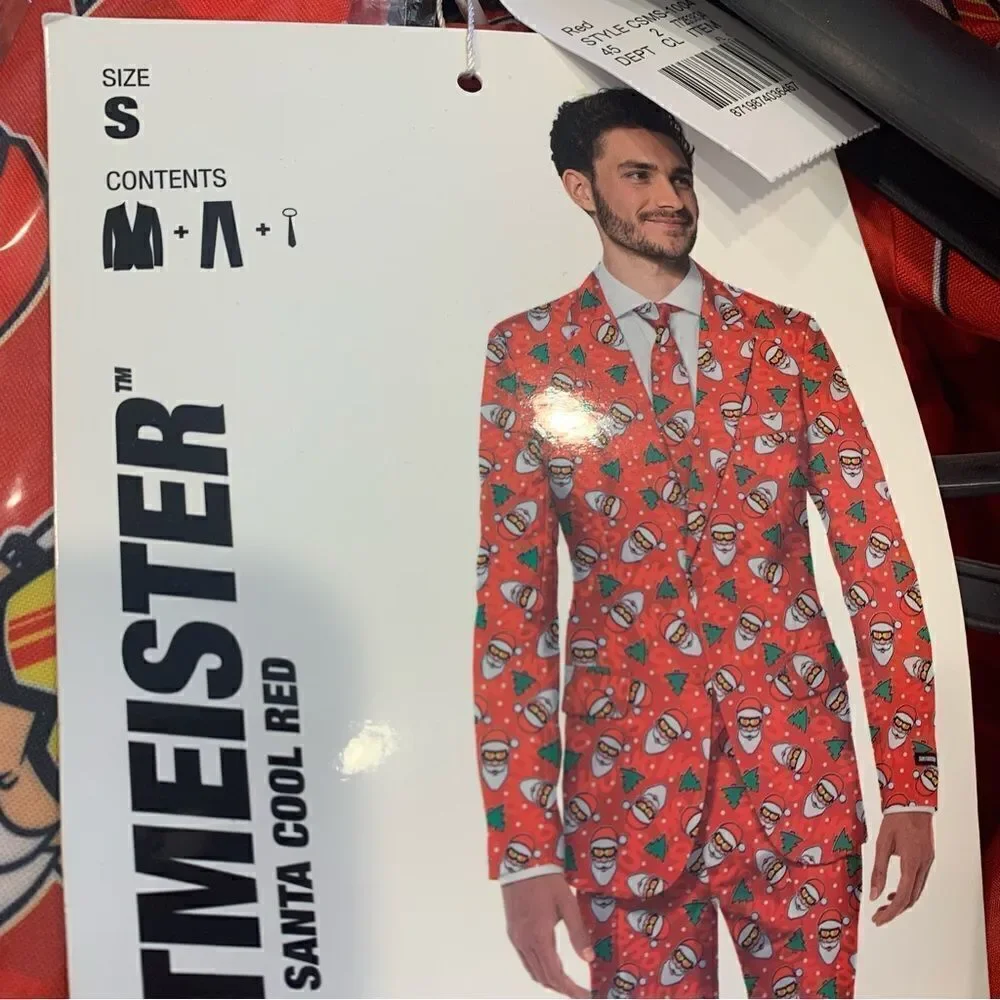 Suitmeister 3 Piece Men Ugly Christmas Suit Size Small/ Medium Santa and Trees